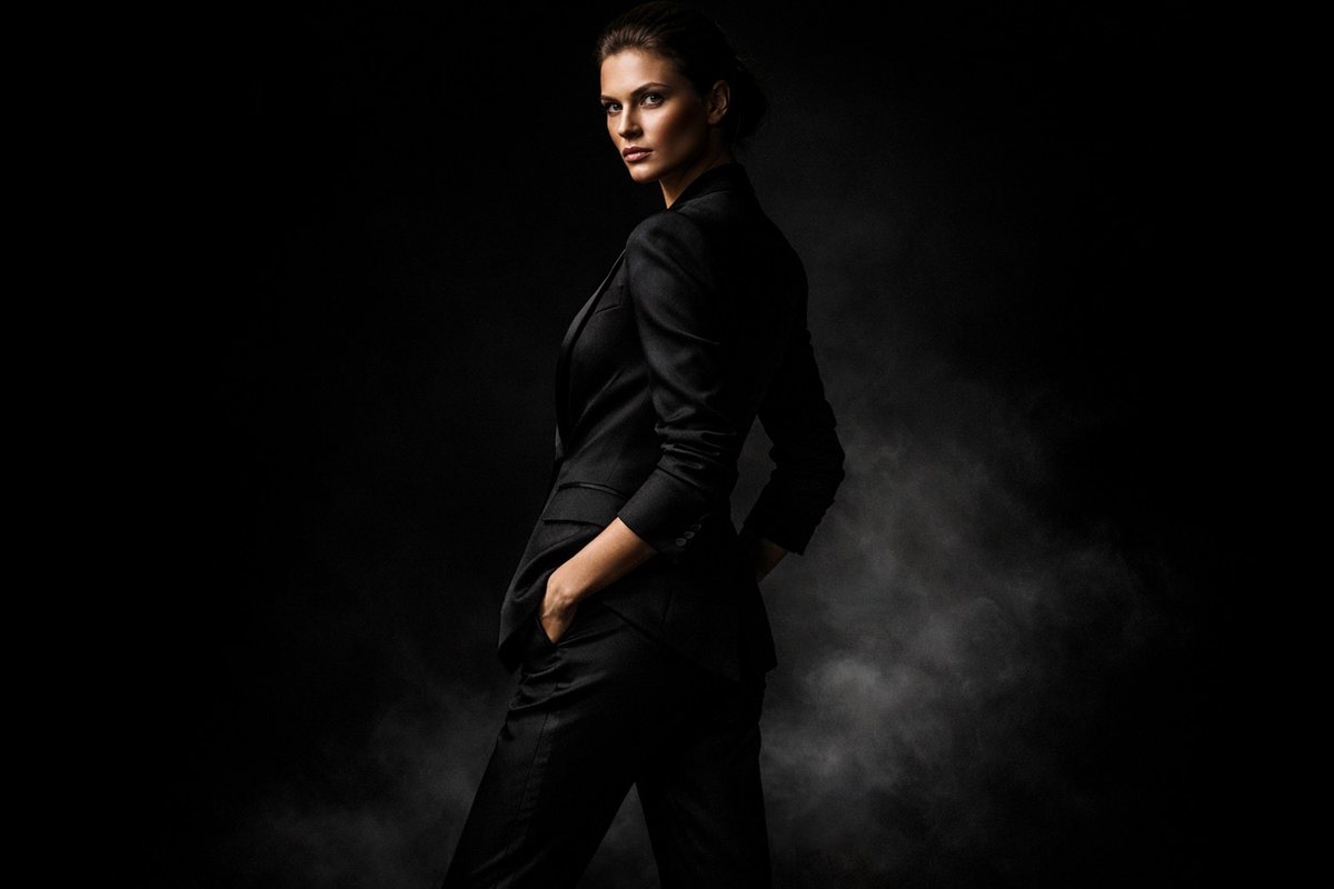 Black suit, hands in pockets, smoke